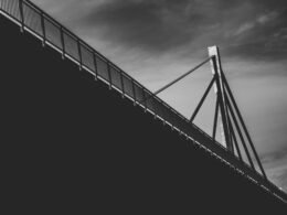 Grayscale-Fotografie einer modernen Kabelbrücke mit markanter Seilstruktur, aufgenommen aus Unteransicht