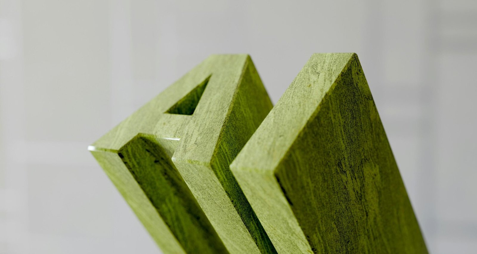 Grüne, aus Holz gefertigte Buchstaben, die das Wort „am“ auf einer hellen Oberfläche darstellen, Makroaufnahme