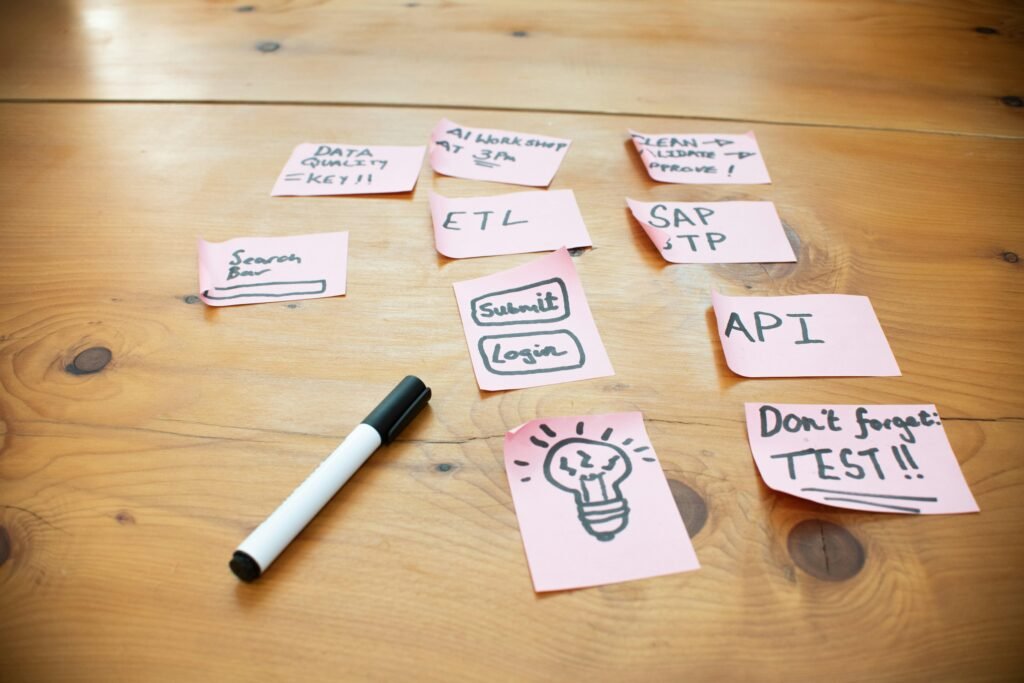 Verschiedene bunte Sticky Notes mit handschriftlichen Notizen und Skizzen liegen verstreut auf einem hölzernen Tisch