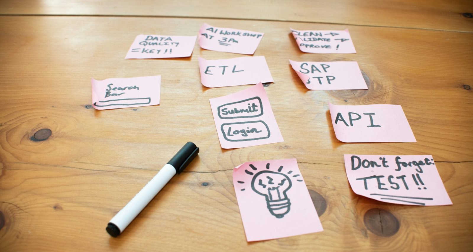 Mehrere Sticky Notes mit Wörtern und Skizzen liegen verteilt auf einem Holztisch, ideale Szene für kreative Arbeitsprozesse.