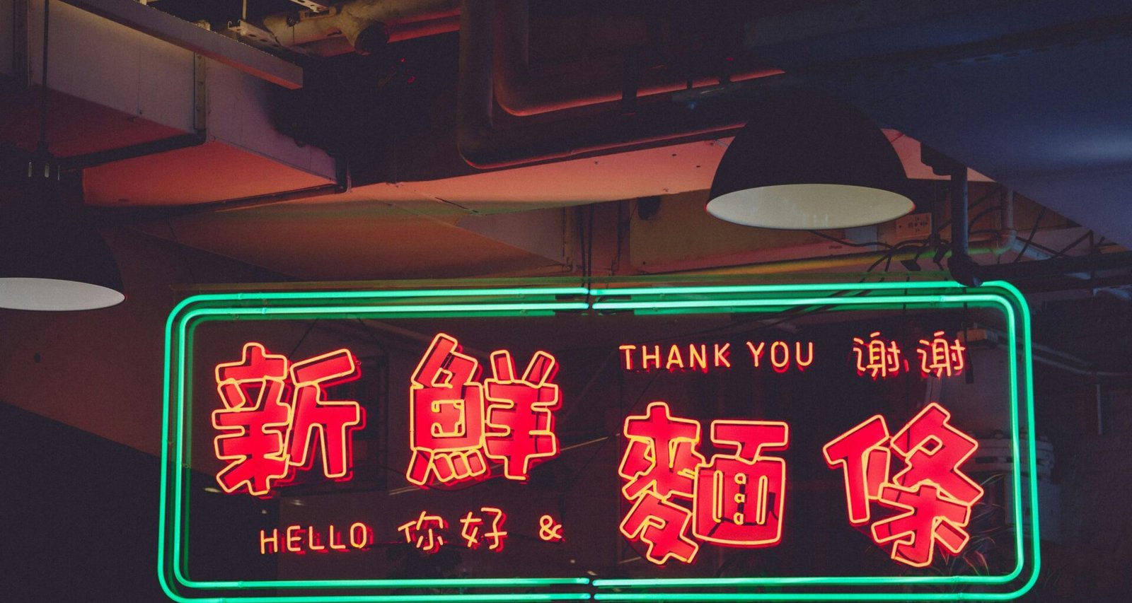 LED-Leuchtreklame mit der Aufschrift 'Hello and Thank You', modernes digitales Design, Nahaufnahme