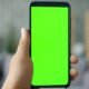 Hand hält ein Smartphone mit grünem Bildschirm, Fokus auf Display, geeignet für digitale Themen und Technologieartikel
