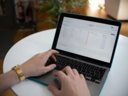 Hände arbeiten an einem Laptop, auf dem ein Tabellenkalkulationsprogramm geöffnet ist. Moderner Büroalltag am Computer.