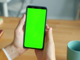 Zwei Hände halten ein Smartphone mit grünem Bildschirm – perfekt für Themen rund um digitale Technologien und Online-Marketing.