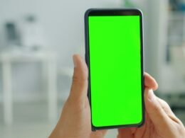 Zwei Hände halten ein Smartphone mit grünem Bildschirm, ideal zur Veranschaulichung mobiler Apps oder Technologien.