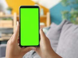 Zwei Hände halten ein Smartphone mit aktiviertem grünen Bildschirm, bereit für digitale Anwendungen oder Präsentationen.