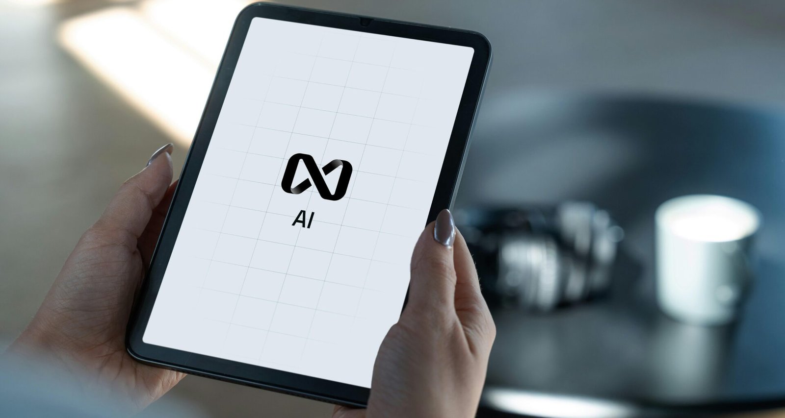 Nahaufnahme von Händen, die ein Tablet mit angezeigtem KI-Logo festhalten, im Kontext digitaler Technologien