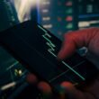 Trader überprüft und analysiert Börsendaten auf seinem Smartphone und nutzt moderne digitale Tools zur Marktbeobachtung.