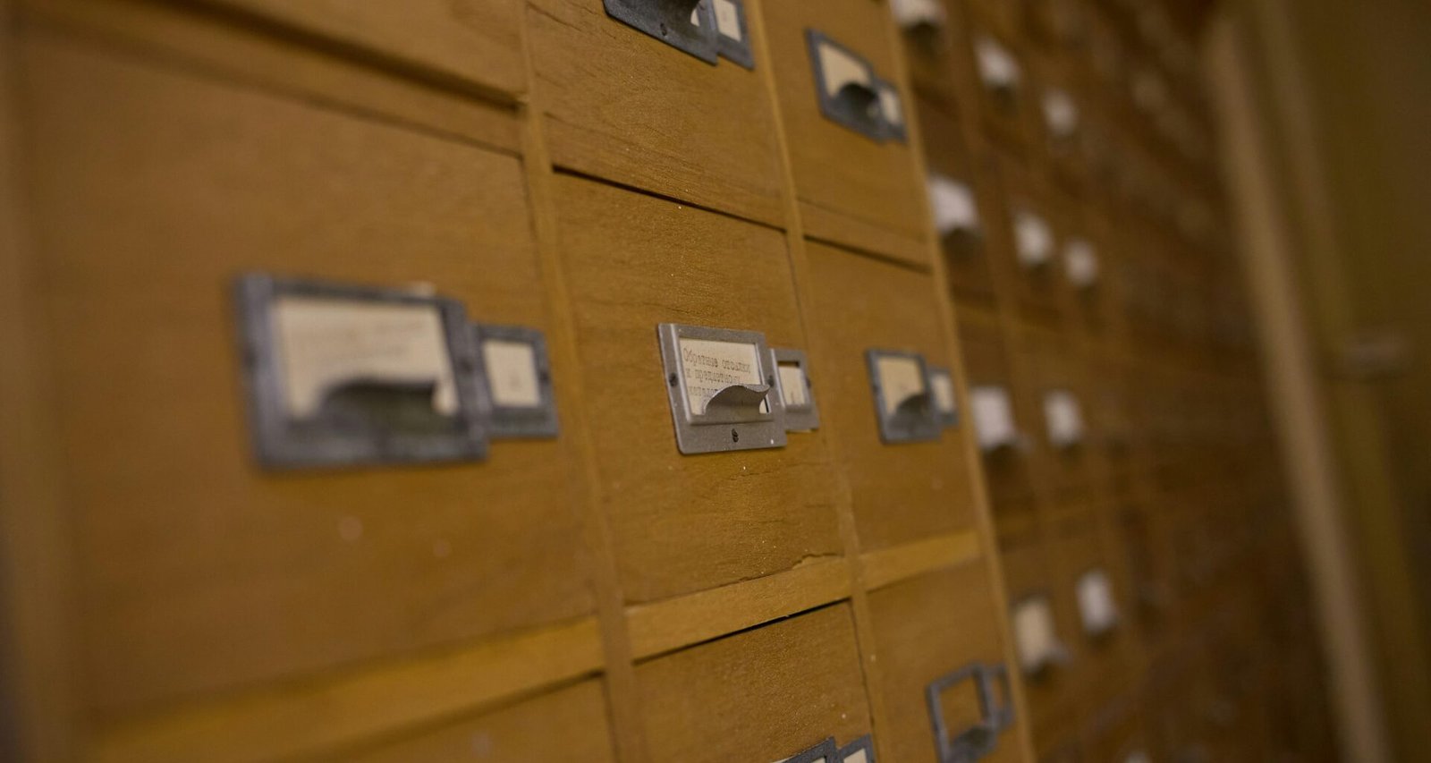 Holz-Karteischrank mit vielen Schubladen und klar beschrifteten Etiketten, ideal zur strukturierten Datenorganisation