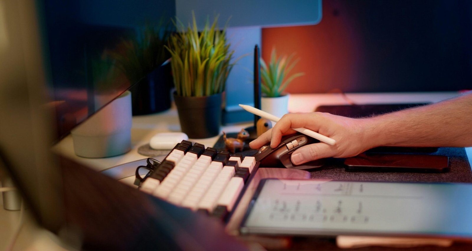 Person arbeitet am Computer mit einer Computermaus an einem hell beleuchteten Arbeitsplatz, Fokus auf die Hand an der Maus