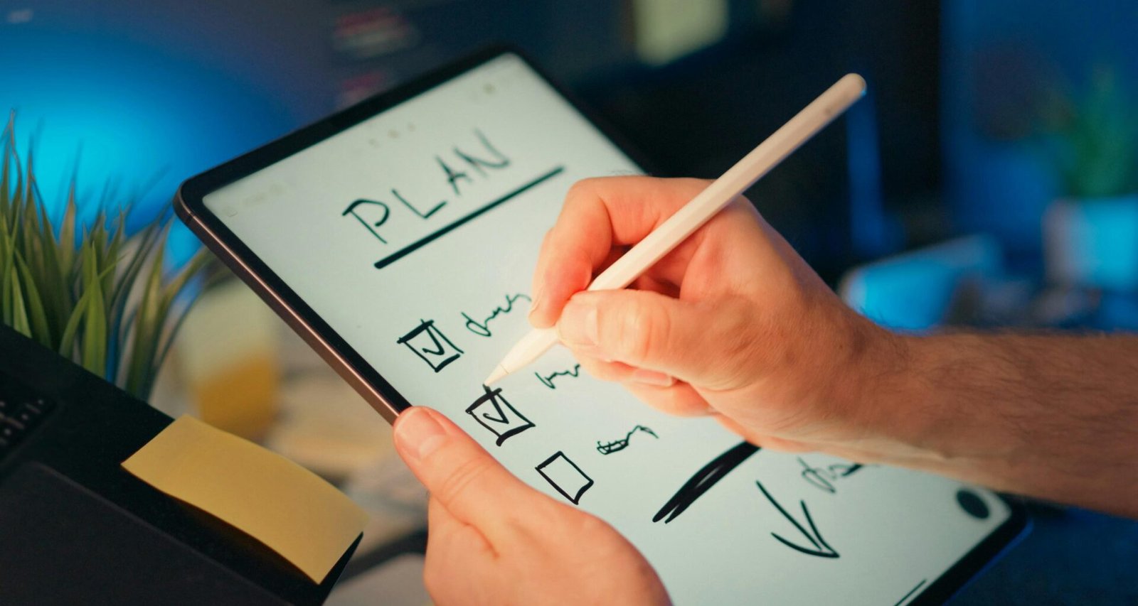Person erstellt einen Plan mit einem Stift auf einem Tablet, um digitale Notizen für die Arbeitsorganisation zu nutzen.