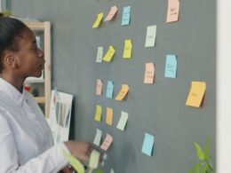 Junge Frau im modernen Büro betrachtet farbige Haftnotizen an einer Wand und sortiert Aufgaben für ein Projektmeeting.