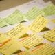 Mehrere bunte Sticky Notes mit handgeschriebenem Text liegen nebeneinander auf einer ebenen Fläche arrangiert.