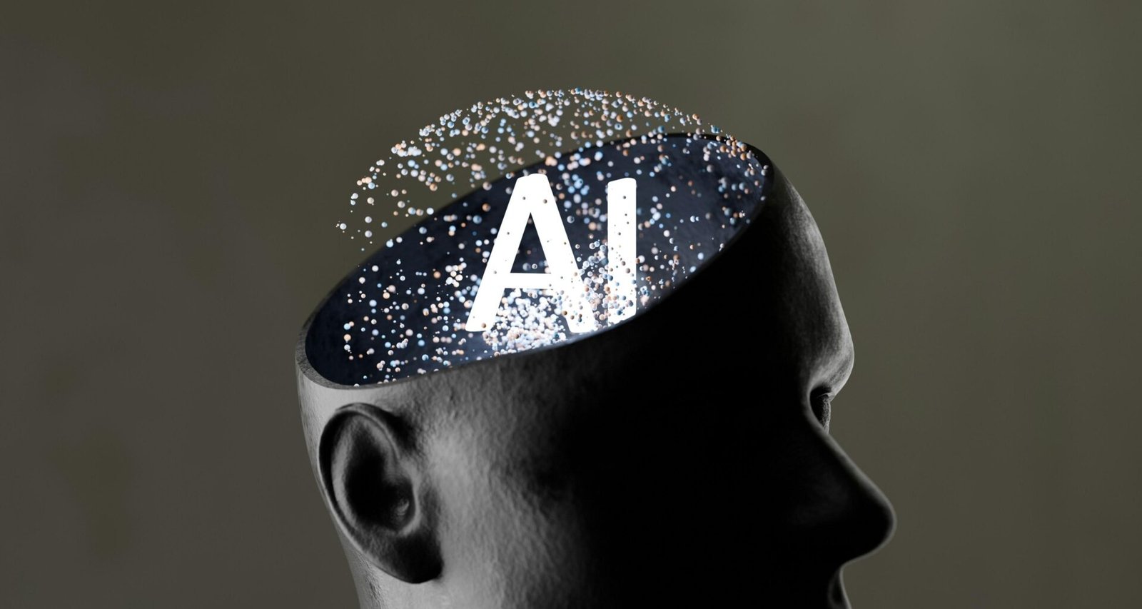 Visualisierung eines menschlichen Kopfes mit integrierten Elementen künstlicher Intelligenz als Technologie-Konzept