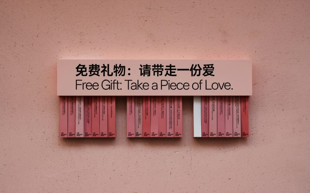 Stück rotes Papier mit Aufschrift 'a piece of love' als Geschenk auf hellem Untergrund