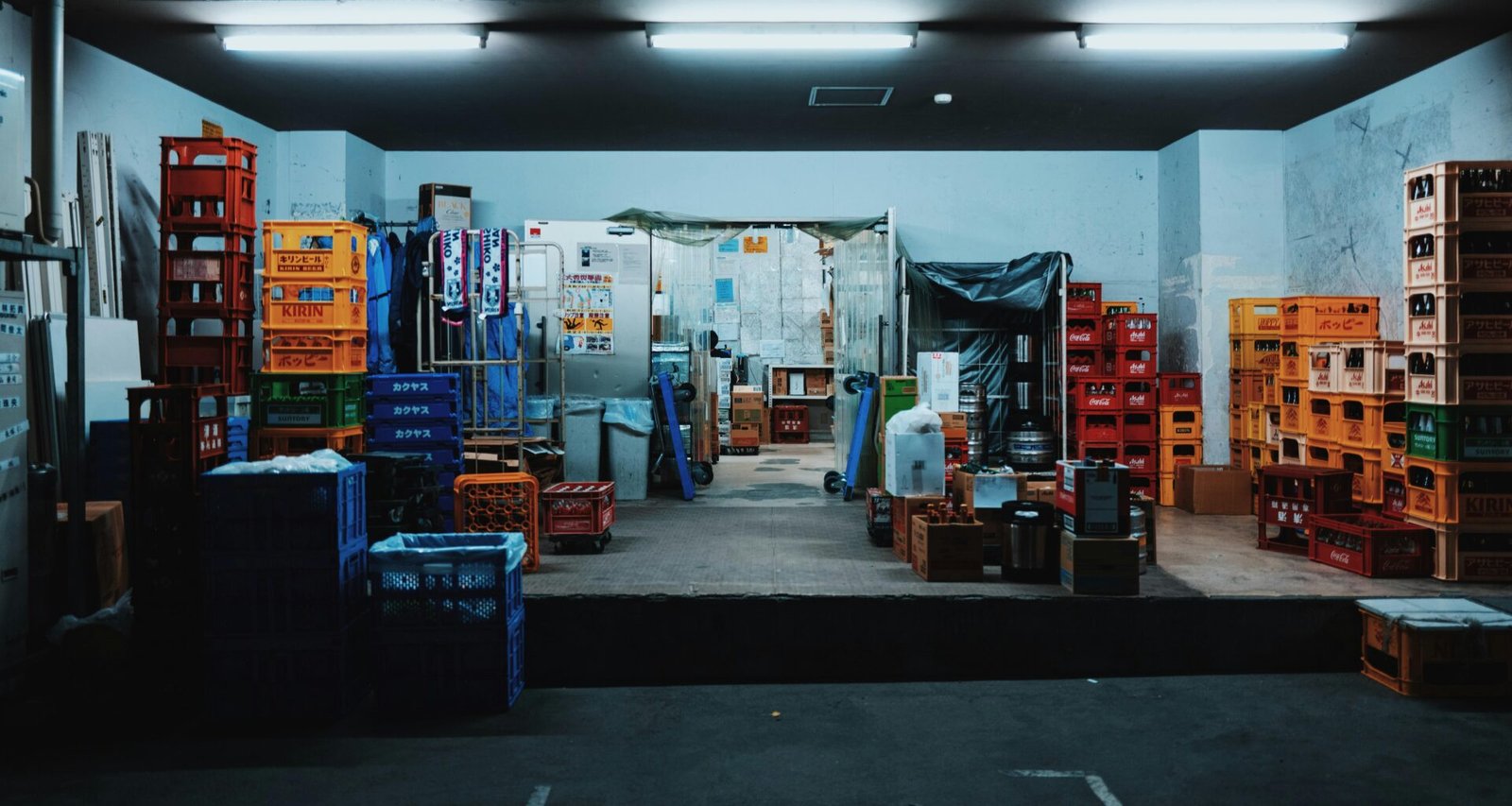 Mehrere gestapelte Kunststoffkisten in einer Garage, fotografiert aus seitlicher Perspektive mit natürlichem Lichteinfall.