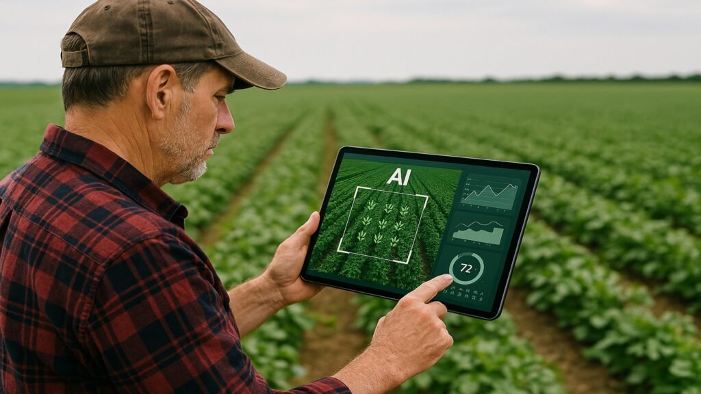 Ein Bauer kontrolliert mit KI-Technologie seine Nutzpflanzen auf dem Feld, um Wachstum und Gesundheit zu überwachen.