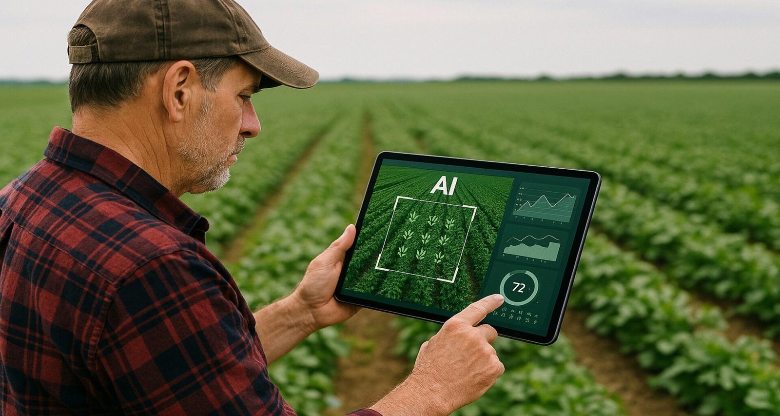 Ein Bauer kontrolliert mit KI-Technologie seine Nutzpflanzen auf dem Feld, um Wachstum und Gesundheit zu überwachen.