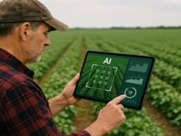 Landwirt setzt KI-Technologie zur Überwachung von Feldfrüchten in einer modernen, landwirtschaftlichen Umgebung ein