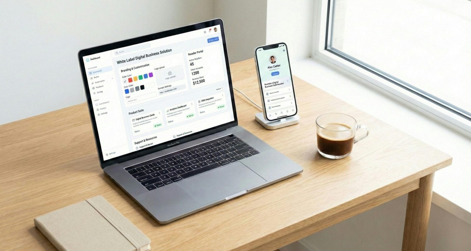 Laptop, Smartphone und Kaffeetasse stehen auf einem Holztisch und bilden eine moderne Arbeitsumgebung