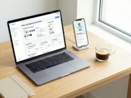 Laptop, Smartphone und Kaffeetasse stehen auf einem Holztisch und bilden einen modernen Arbeitsplatz für digitales Arbeiten.