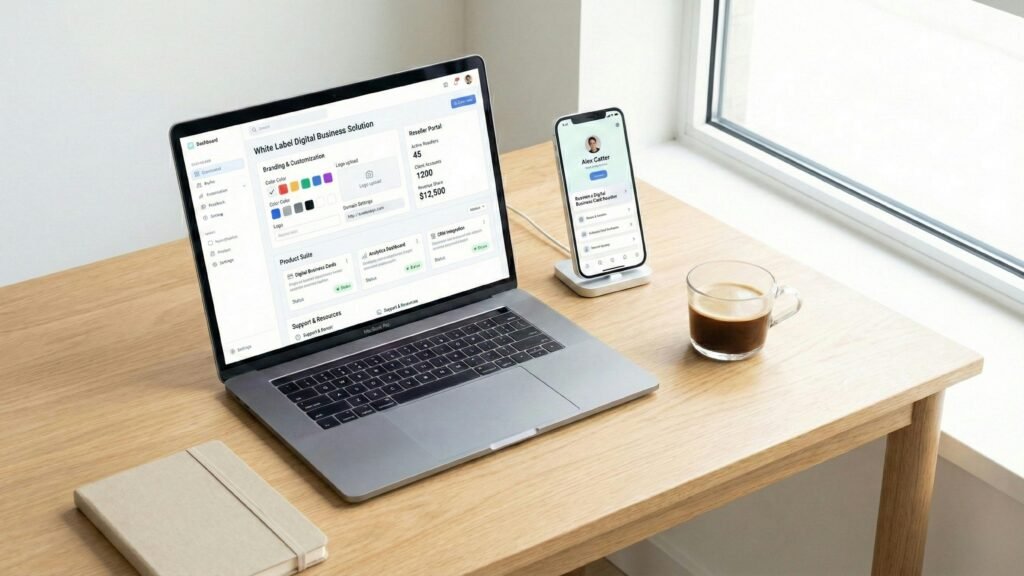 Arbeitsplatz mit Laptop, Smartphone und Kaffeetasse auf einem hölzernen Schreibtisch, fotografiert aus der Vogelperspektive