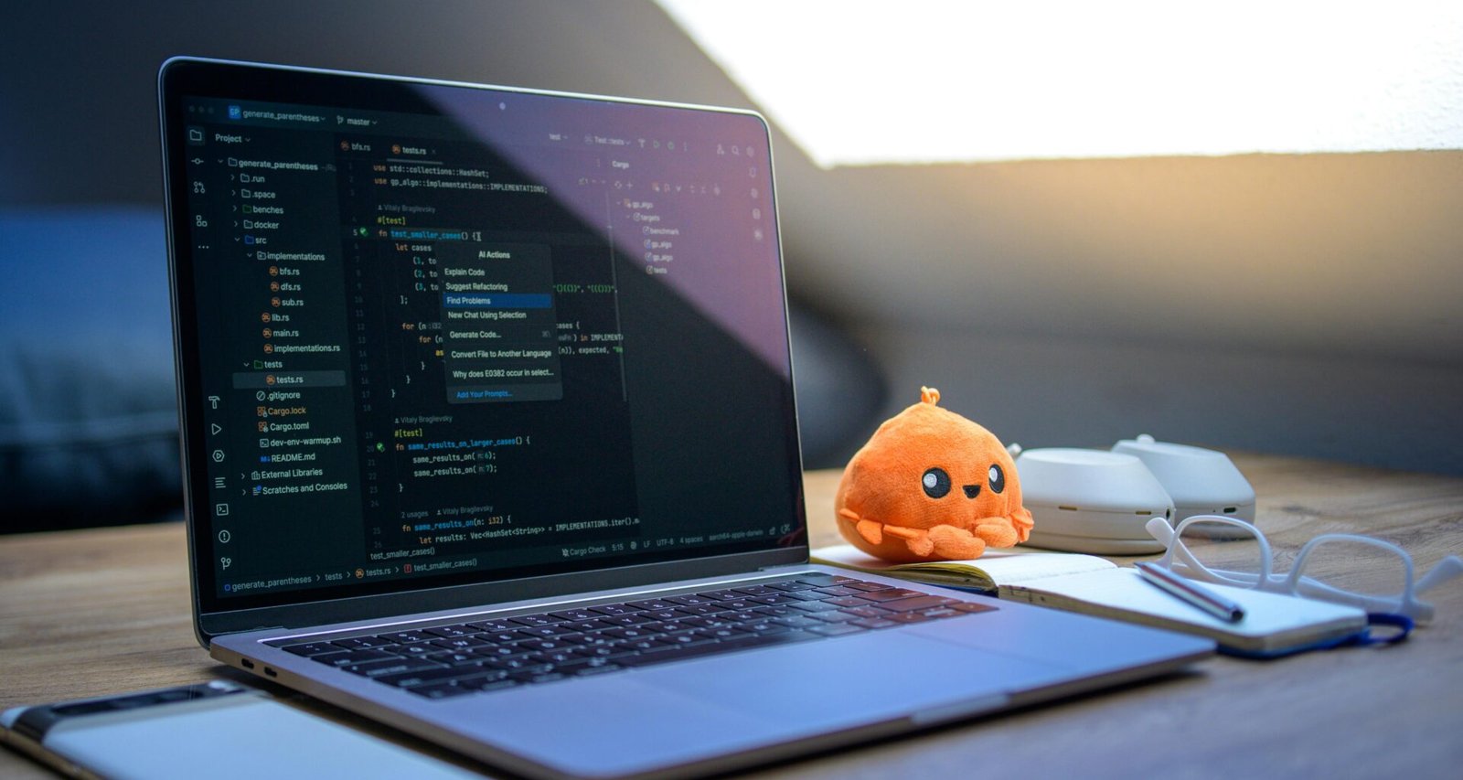 Laptop mit offenem Code, Smartphone, Brille und Plüschtier auf einem Schreibtisch, typische Tech-Arbeitsumgebung