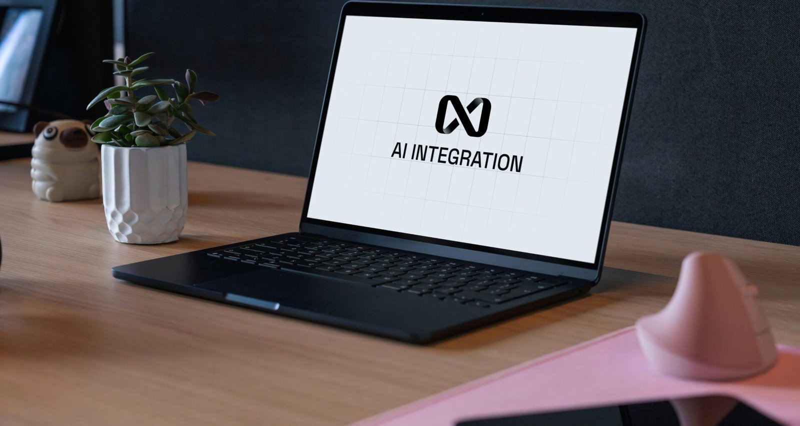 Ein Laptop mit AI-Integrations-Logo steht auf einem Schreibtisch und symbolisiert den modernen Einsatz von Künstlicher Intelligenz.
