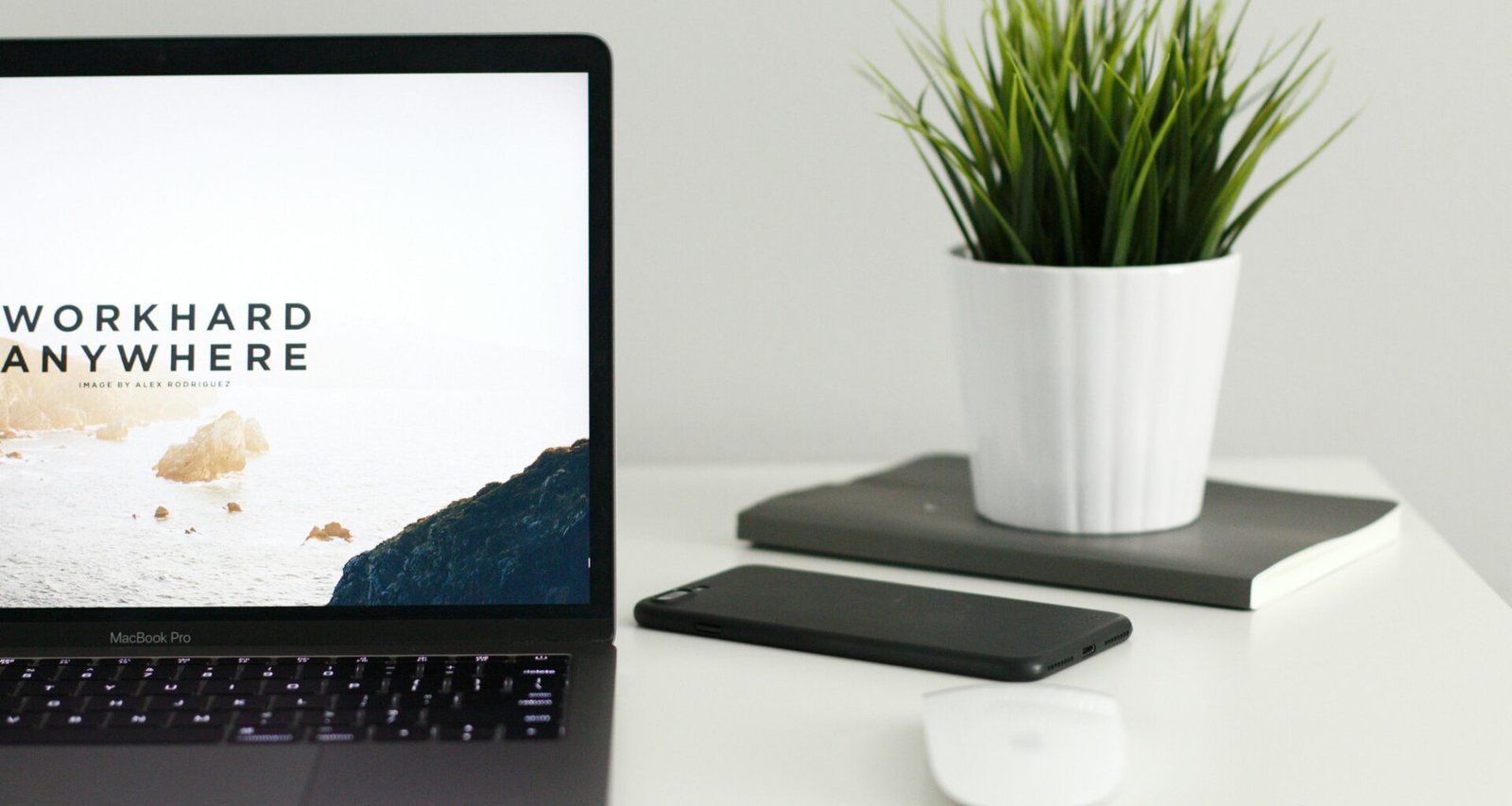 Ein MacBook Pro steht auf einem Tisch neben einer grünen Topfpflanze, minimalistisches Arbeitsumfeld.