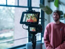 Mann richtet Kamera mit angeschlossenem Monitor auf sich, um ein Selbstportrait-Video aufzunehmen, moderne Technik im Einsatz