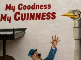 Ein Mann streckt den Arm aus, um eine Gänsestatue mit eingefügtem Text zu erreichen, Symbolik im Fokus.