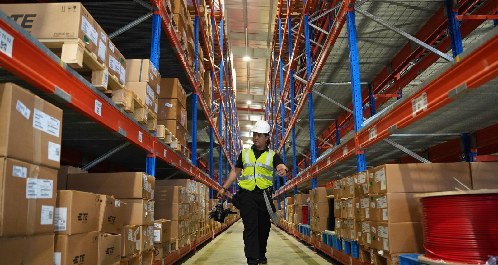Mann in reflektierender Weste geht einen langen Lagergang entlang, umgeben von hohen Regalen mit Waren