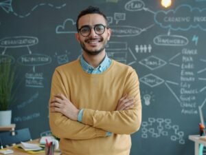 Mann mit verschränkten Armen steht vor einer beschrifteten Tafel, Fokus auf Arbeitsumfeld und Präsentation