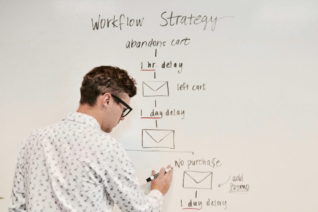 Mann schreibt Konzepte oder Strategien an ein Whiteboard im modernen Büro, Fokus auf den kreativen Arbeitsprozess
