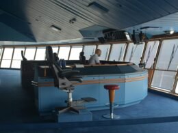 Ein Mann steht in einem kleinen Boot und blickt auf das Wasser. Aufnahme im Tageslicht, Technik und Mobilität im Fokus.