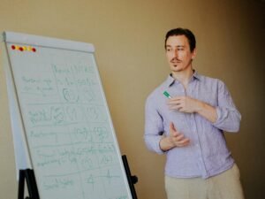 Mann steht vor einem Whiteboard mit handschriftlichen Notizen und erklärt Ideen in einem modernen Arbeitsumfeld.