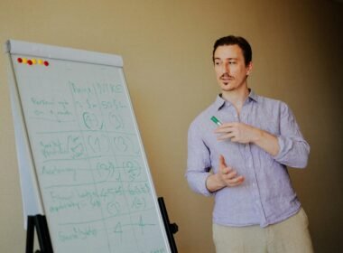 Mann steht vor einem Whiteboard mit handschriftlichen Notizen und erklärt Ideen in einem modernen Arbeitsumfeld.