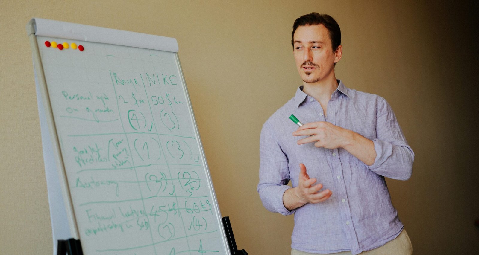 Mann steht vor einem Whiteboard mit handschriftlichen Notizen und erklärt Strategien in einem Arbeitsumfeld