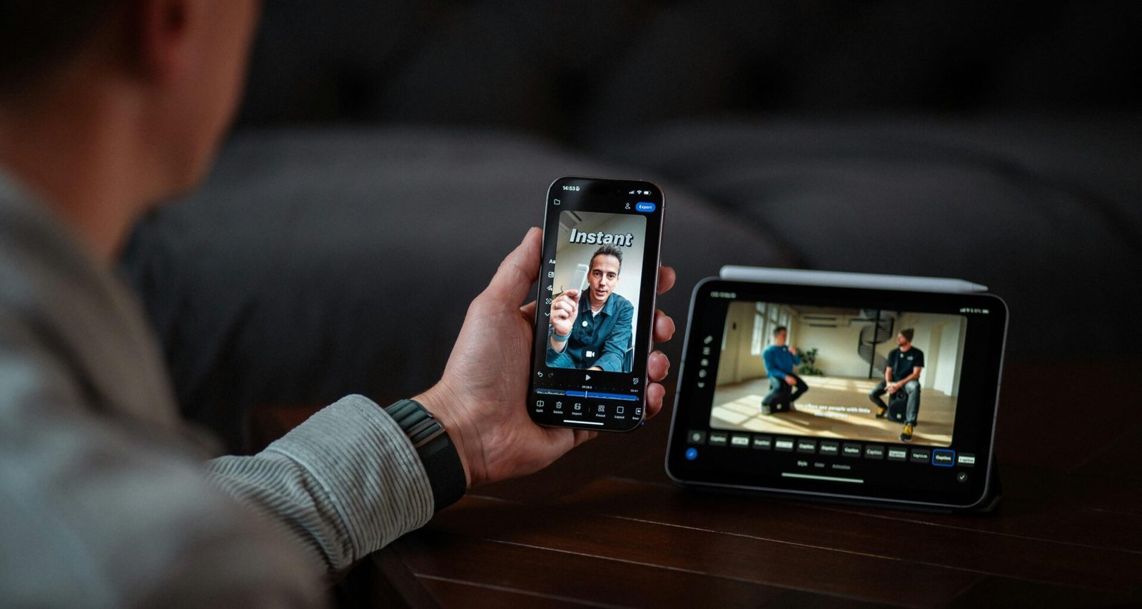 Mann telefoniert per Videoanruf auf dem Smartphone neben einem großen digitalen Monitor im Büro