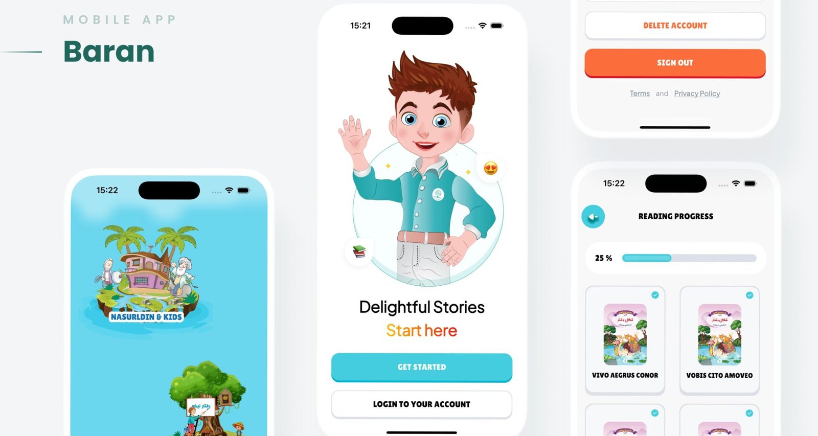 Mobile App-Benutzeroberfläche mit cartoonhaften Figuren und erzählerischen Elementen auf einem Smartphone dargestellt