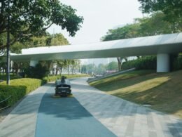 Moderne Fußgängerbrücke mit klaren Linien, die einen Parkweg in städtischer Umgebung überspannt.