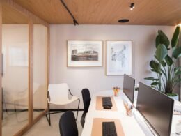 Heller Büroraum mit mehreren Schreibtischen, Computern und grünen Zimmerpflanzen, moderner Arbeitsplatz