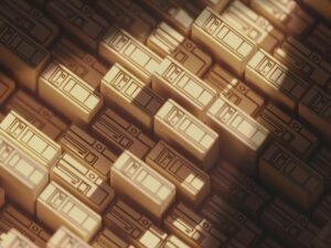 Detailansicht einer modernen Computertastatur mit unscharfem Hintergrund auf einem Schreibtisch