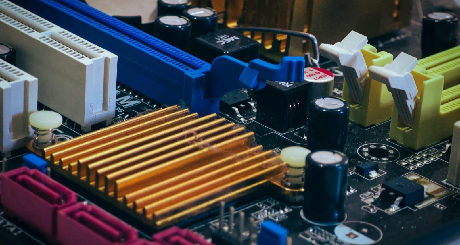 Detailaufnahme einer Computer-Mainboard mit farbenfrohen elektronischen Komponenten und Anschlüssen