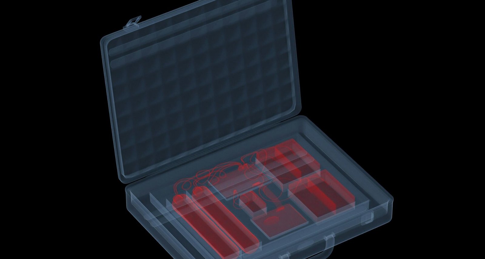 Offener schwarzer Koffer mit sortierten roten Werkzeugen, ideal für technische Aufgaben und Reparaturen auf einen Blick