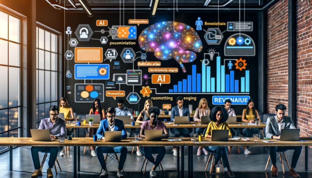 Marketing-Team im urbanen Loft mit KI-Dashboards, Chatbot-Interface, Heatmaps und digitaler Tafel zu Automatisierung, Predictive Analytics und Recommendation Engine.