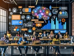 Marketing-Team im urbanen Loft mit KI-Dashboards, Chatbot-Interface, Heatmaps und digitaler Tafel zu Automatisierung, Predictive Analytics und Recommendation Engine.