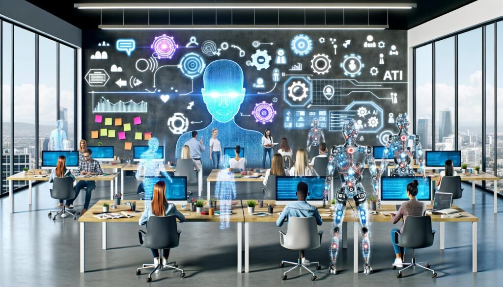 Futuristisches Marketingbüro mit holografischem Dashboard, KI-Avataren und Marketer-Teams vor Laptops; leuchtende Datenströme, API- und Automationssymbole, Post-its und Strategiepläne.