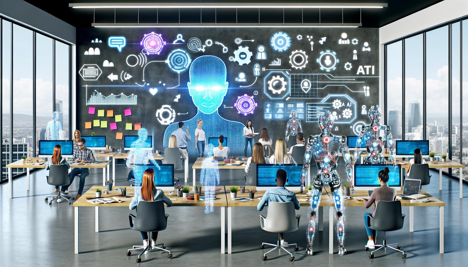 Futuristisches Marketingbüro mit holografischem Dashboard, KI-Avataren und Marketer-Teams vor Laptops; leuchtende Datenströme, API- und Automationssymbole, Post-its und Strategiepläne.