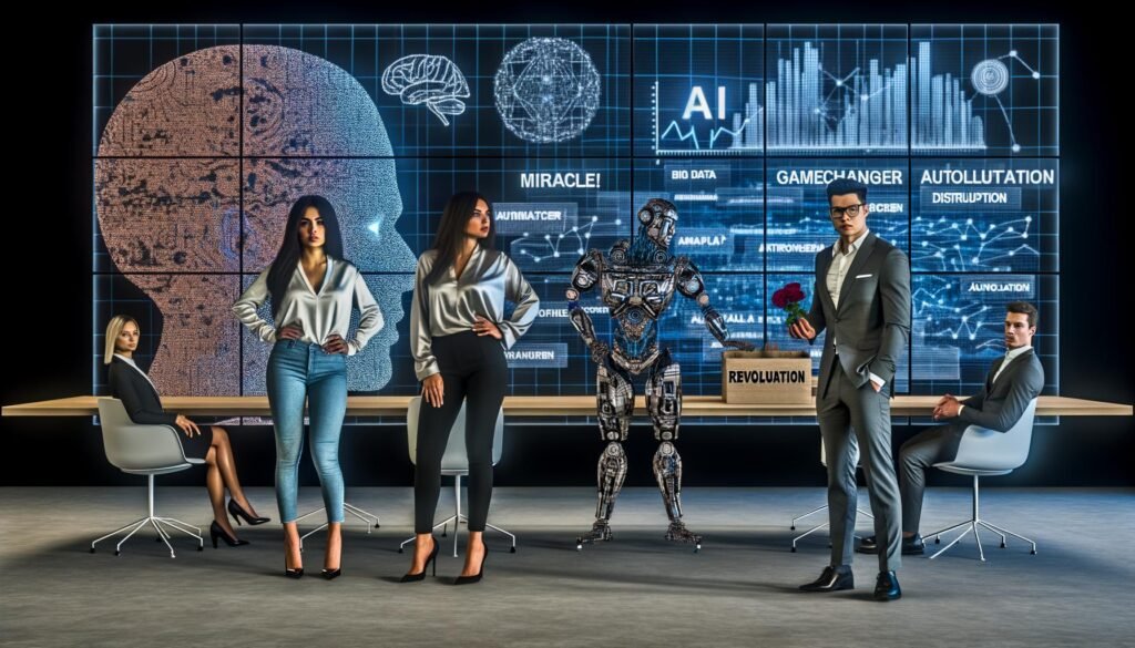 Business-Meeting: Diverse Profis vor Datenwand mit Charts; Roboter übergibt „Automation“-Werkzeugkiste an Manager, nüchterne Stimmung.